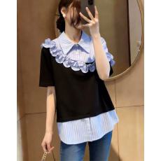 批发假两件<b class='q'>衬衫</b>花边拼接短袖上衣女款大码女装胖妹妹显瘦polo领<b class='q'>T</b><b class='q'>恤</b>女