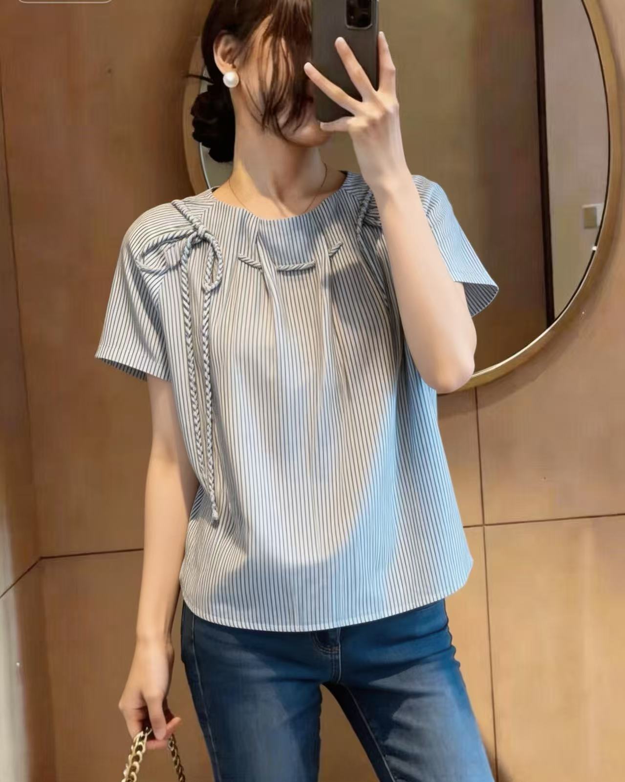 프랑스식 디자인 센스 블루 색상 스트라이프 반팔 여성 셔츠 여름 지방 mm 표지 배 슬림해 보이는 쇼트 스타일 맨위