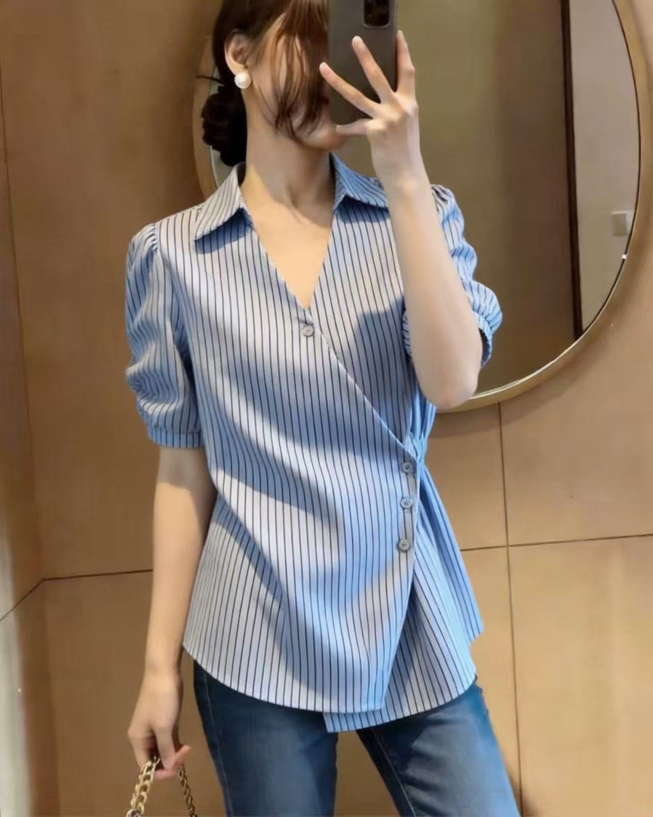 고유 한 Chic POLO 칼라 오픈 가디건 맨위 빅 사이즈 여성 의류 여름 프랑스식 지방 mm 다용도 슬림해 보이는 거품 소매 셔츠