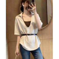 批发大码女装配腰带收腰深V领短袖衬衫女2025<b class='q'>夏</b>气质宽松显瘦衬衣上衣