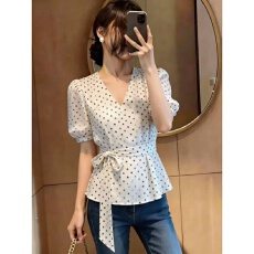 批发大码女装韩版雪纺衬衫女显瘦衬衣别致<b class='q'>印花</b>系带V领泡泡短袖上衣夏