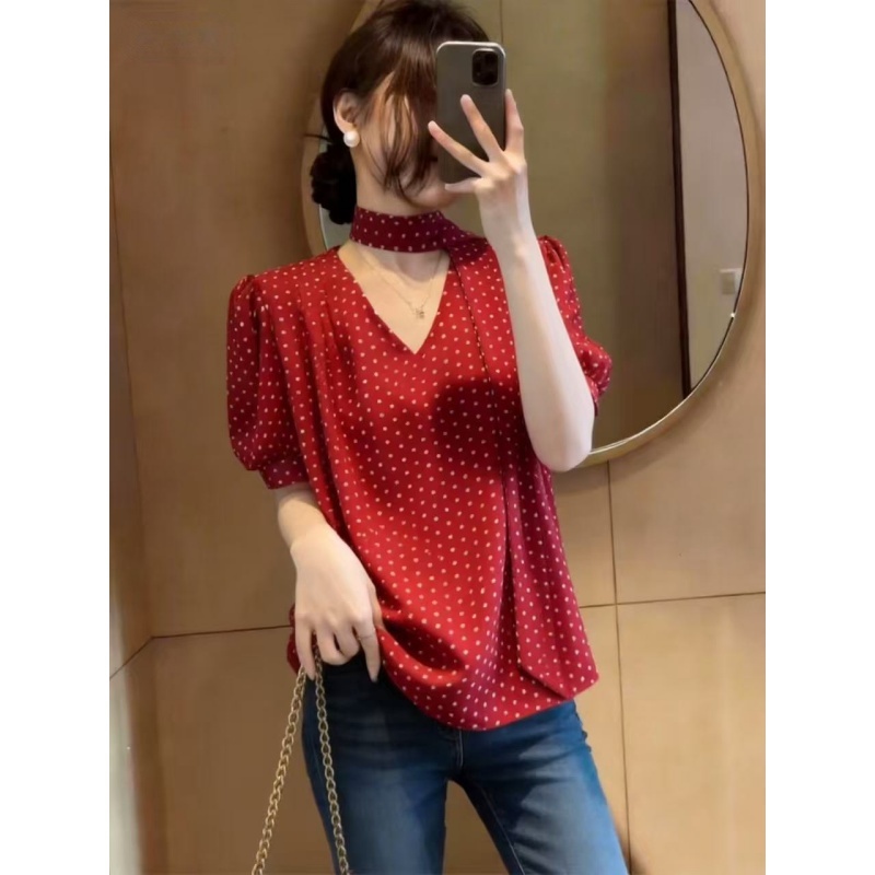 빅 사이즈 여성 의류 한국 스타일 쉬폰 여성 셔츠 슬림해 보이는 셔츠 Chic 프린트 레이스업 V넥 버블 반팔 맨위 여름