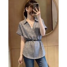 批发大码女装条纹V领短袖打底衬衫女夏季胖mm系带收腰<b class='q'>中长款</b>遮肚上衣