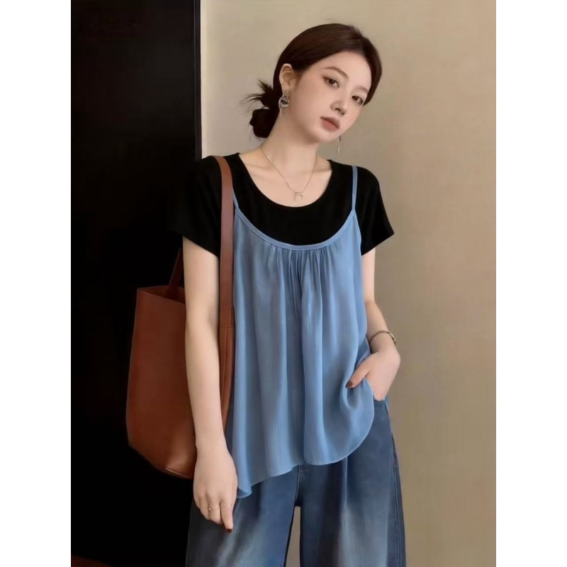 빅 사이즈 여성 의류 한 부서 연령 감소 디자인 짧은 티셔츠 여성 레트로 슬립 패치워크 사실 두 조각 통통한 여동생 맨위 여름