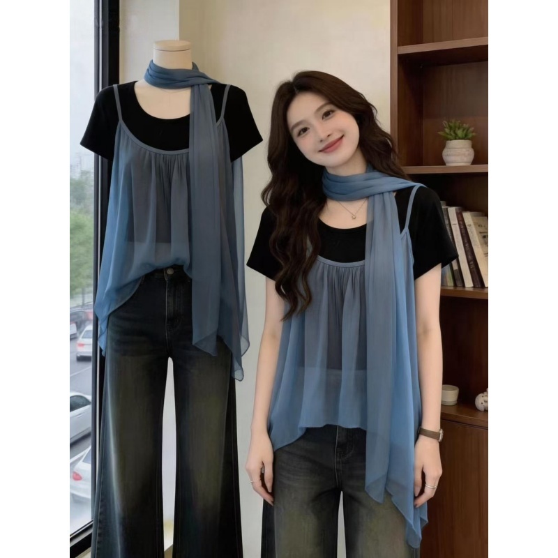 빅 사이즈 여성 의류 한 부서 연령 감소 디자인 짧은 티셔츠 여성 레트로 슬립 패치워크 사실 두 조각 통통한 여동생 맨위 여름