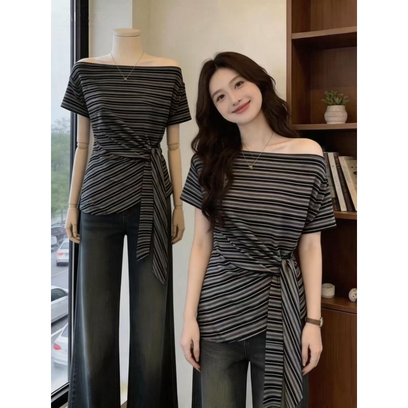 빅 사이즈 한 부서 스트라이프 긍정적 인 어깨 반팔 티셔츠 여성 여름 디자인 센스 동정 지방 mm 루즈핏 슬림해 보이는 맨위