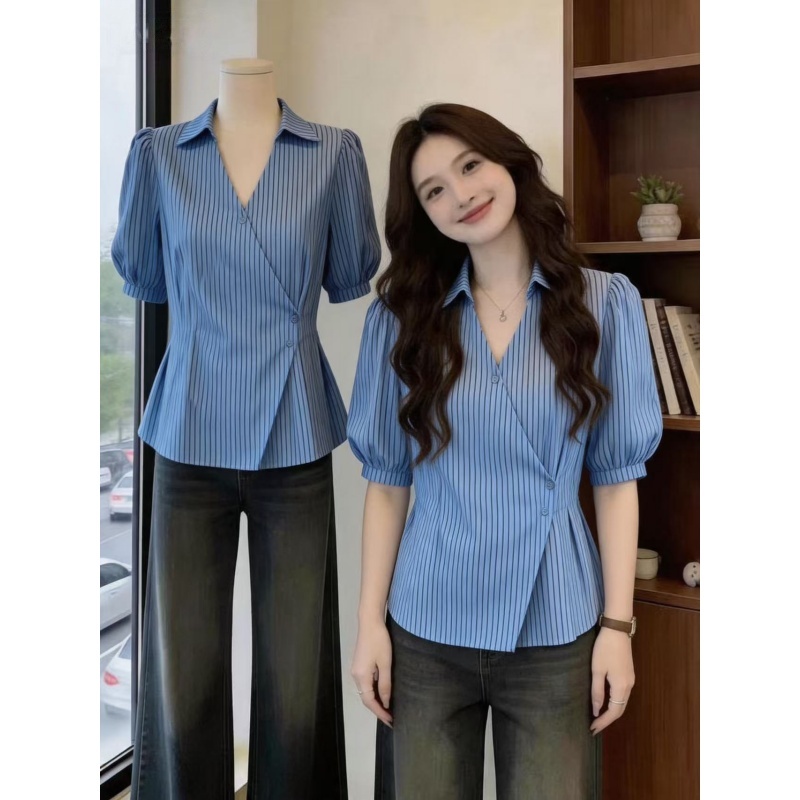 고유 한 Chic POLO 칼라 오픈 가디건 맨위 빅 사이즈 여성 의류 여름 프랑스식 지방 mm 다용도 슬림해 보이는 거품 소매 셔츠