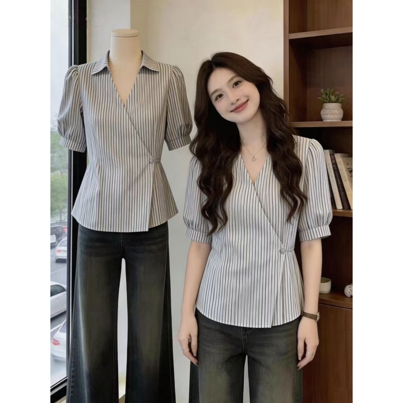 고유 한 Chic POLO 칼라 오픈 가디건 맨위 빅 사이즈 여성 의류 여름 프랑스식 지방 mm 다용도 슬림해 보이는 거품 소매 셔츠