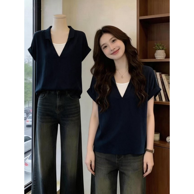 빅 사이즈 지방 mm 한 부서 다용도 페이크 레이어드 패치워크 폴로 칼라 여성 셔츠 여름 루즈핏 볼륨 측면 반팔 외국 가스 맨위