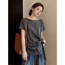 批发韩系条纹露肩短袖T恤女夏季大码胖mm显瘦遮肚不规则系带收腰上衣