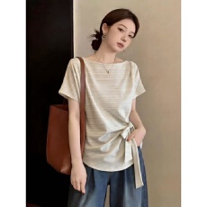 批发韩系条纹露肩短袖T恤女夏季大码胖mm显瘦遮肚不规则系带收腰上衣