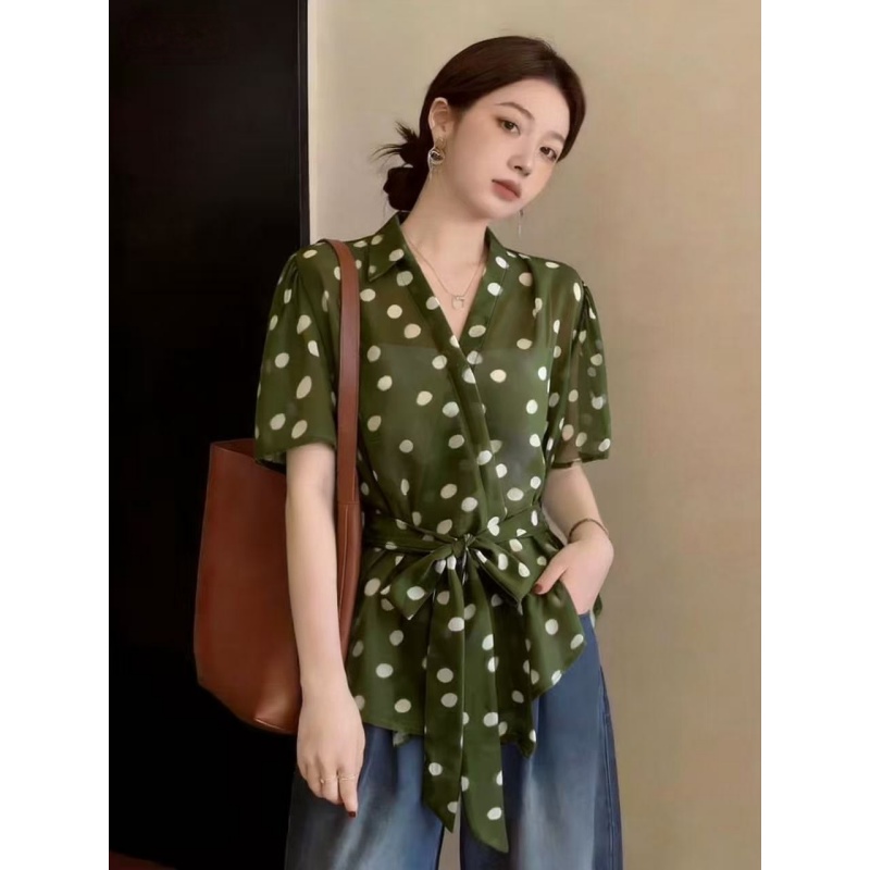 빅 사이즈 여성 의류 레오파드 무늬 프린트 V넥 여성 셔츠 여름 지방 mm 디자인 센스 허리 수축 레이스업 슬림해 보이는 맨위 트렌디