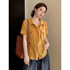 批发双口袋短袖工装衬衫女夏装新款大码胖mm显瘦遮肚子设计感抽绳上衣