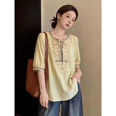 批发假两件撞色拼接V领短袖衬衫女夏季大码胖mm宽松遮肚子高级感上衣