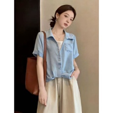 批发超火巨好看蓝色衬衫女装夏季2026新款大码胖mm假两件衬衣短袖上衣