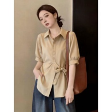 批发大码女装2026<b class='q'>夏</b>季新款显瘦遮肚子法式上衣胖妹妹收腰藏肉短袖衬衫
