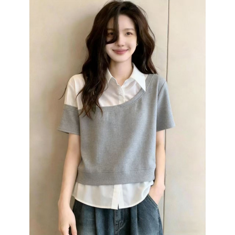 페이크 레이어드 셔츠 패치워크 반팔 후드티 여자 여름 빅 사이즈 지방 mm 슬림해 보이는 POLO 칼라 티셔츠 맨위