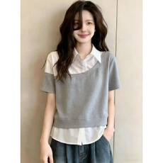 批发假两件衬衫拼接短袖<b class='q'>卫衣</b>女款夏季大码胖mm显瘦polo领T恤上衣