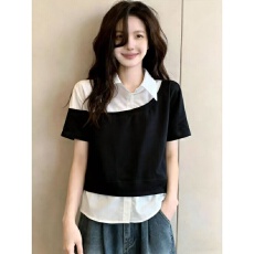 批发假两件衬衫拼接短袖<b class='q'>卫衣</b>女款夏季大码胖mm显瘦polo领T恤上衣