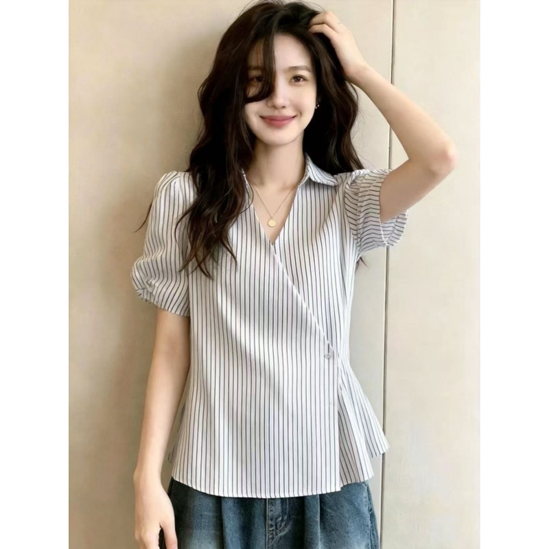 고유 한 Chic POLO 칼라 오픈 가디건 맨위 빅 사이즈 여성 의류 여름 프랑스식 지방 mm 다용도 슬림해 보이는 거품 소매 셔츠