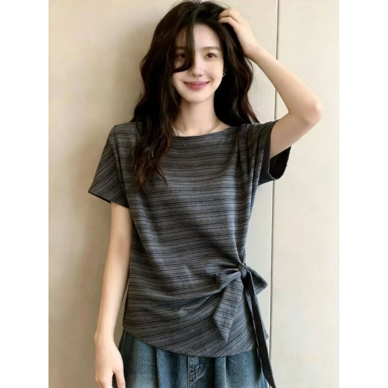 한 부서 스트라이프 오프숄더 반팔 티셔츠 여성 여름 빅 사이즈 지방 mm 슬림해 보이는 표지 배 불규칙 레이스업 허리 수축 맨위