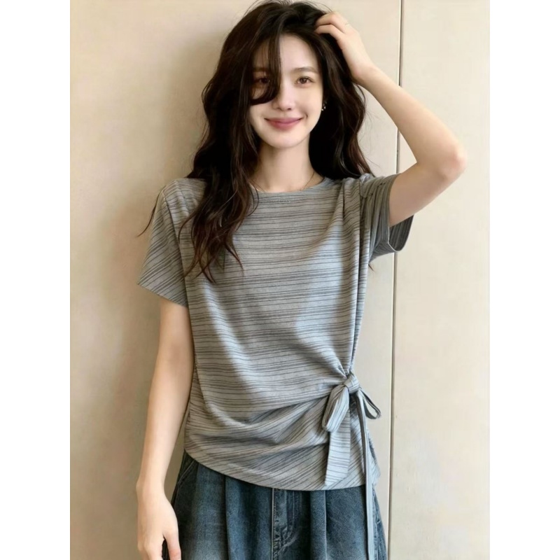 한 부서 스트라이프 오프숄더 반팔 티셔츠 여성 여름 빅 사이즈 지방 mm 슬림해 보이는 표지 배 불규칙 레이스업 허리 수축 맨위