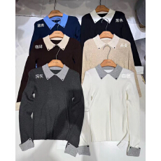 批发<b class='q'>韩版</b>撞色翻领假两件长袖针织衫女秋冬新款修身显瘦内搭气质小上衣