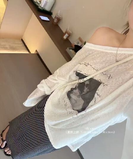 비스듬한 어깨 눈꽃 면 만나는 블라우스 여성 여름 긴팔 티셔츠 작은 키 슬림해 보이는 작은 대중 루즈핏 디스플레이
