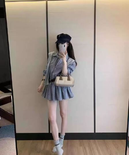 체크무늬 POLO 칼라 셔츠 여성 드레스 이른 가을 다용도 숄 벨트 3종 세트