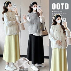 批发现~孕妇套装2025秋冬甜蜜<b class='q'>娃娃衫</b>+马甲+抽绳高腰加厚淡黄色半身裙