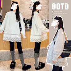 批发现 2026<b class='q'>春</b>季薄款孕妇装宽松大码蕾丝雅纱棉上衣长袖时尚孕妇打底