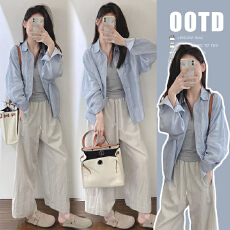 批发现huo孕妇2026新款<b class='q'>百搭</b>简约奶蓝色衬衫灰色背心休闲阔腿裤三件套