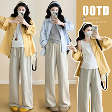 批发现huo孕妇2026新春夏<b class='q'>百搭</b>简约慵懒风清爽衬衫+背心+九分裤三件套