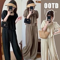 批发现huo孕妇两件套薄款韩系宽松方领上衣+无托腹抽绳调节直筒阔腿裤