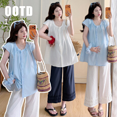 批发实拍<b class='q'>夏</b>季甜美清新两件套木耳边系带短袖衬衫+高腰抽绳花边九分裤