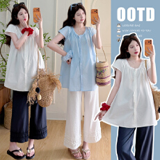 批发实拍现孕妇套装<b class='q'>夏</b>日高级感穿搭娃娃衫+九分棉麻花边裤宽松大码