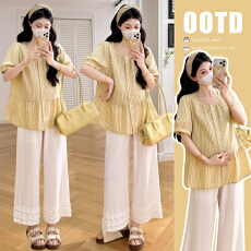 批发实拍孕妇2026<b class='q'>夏</b>日小清新淡黄色短袖娃娃衫大码宽松高腰九分花边裤