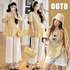 批发实拍 孕妇<b class='q'>夏</b>季百搭清新千层奶酪短袖娃娃衫搭配奶白色九分花边裤