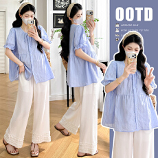 批发实拍现huo~孕妇<b class='q'>夏</b>日小甜心棉麻蝴蝶结娃娃衫<b class='q'>上衣</b>+抽绳高腰花边<b class='q'>裤</b>