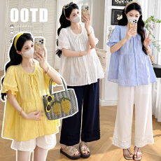 批发实拍现 夏季新款法式甜美圆领短袖娃娃衫+花边<b class='q'>裤</b>孕妇<b class='q'>套</b><b class='q'>装</b>两件套