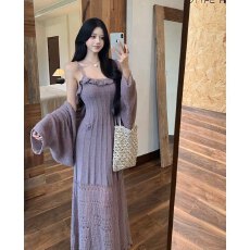 批发实拍 大码女装气质温柔风吊带缕空钩花针织连衣裙长裙高级感套装