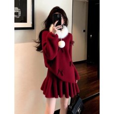 批发大妈女装新款2025冬季韩系宽松立体蝴蝶结毛衣半身裙<b class='q'>套装</b>(配毛领)