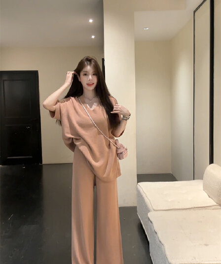 실사 빅 사이즈 여성 의류 새로운 2026 세트 한국 스타일 폭발 느긋한 바람 캐주얼 맨위 와이드 레그 팬츠 투피스 세트