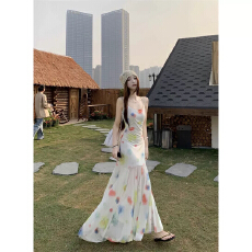 批发实拍 大码女装法式<b class='q'>甜美</b>设计感吊带连衣裙女夏季新款气质鱼尾裙子