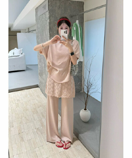 실사 빅 사이즈 여성 의류 패션 다용도 프랑스식 니트 스웨터 와이드 레그 팬츠 두 조각 여성 세트 여름 슬림해 보이는 캐주얼 세트