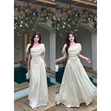 实拍~大码法式纯欲一字肩短袖连衣裙女2026夏季新款显瘦气质长裙