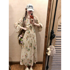 批发现现~大码女装夏季新款2026法式印花连衣裙压褶<b class='q'>雪纺</b>度假两件套