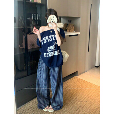 批发实拍美式复古辣妹印花短袖宽松别致上衣夏季格子阔腿裤两件套