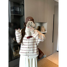 批发实拍 新款慵懒风复古围巾条纹毛衣开衫外套宽松百搭针织衫上衣