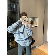 批发实拍 新款慵懒风复古围巾条纹毛衣开衫外套宽松百搭针织衫上衣